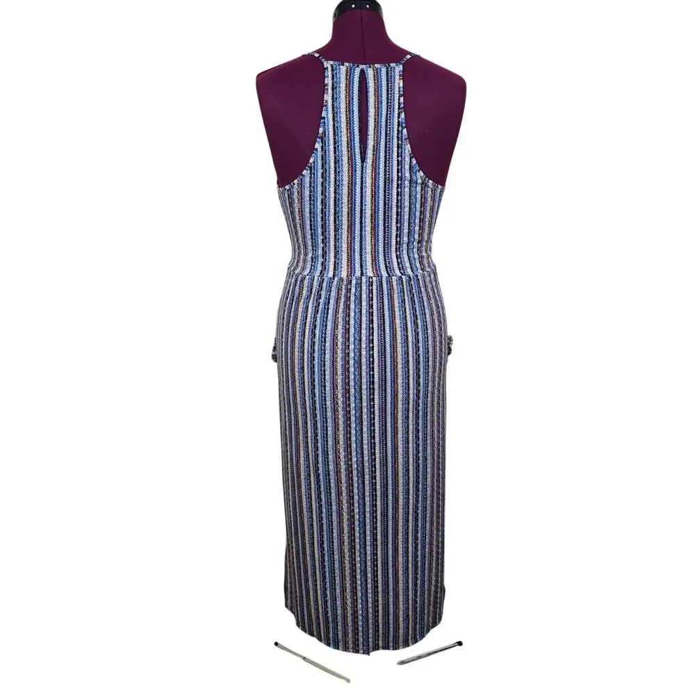 Women's BCBGeneration Blue Striped V-Neck Midi Length Hi Low Dress | Size Medium - Picture 4 of 12